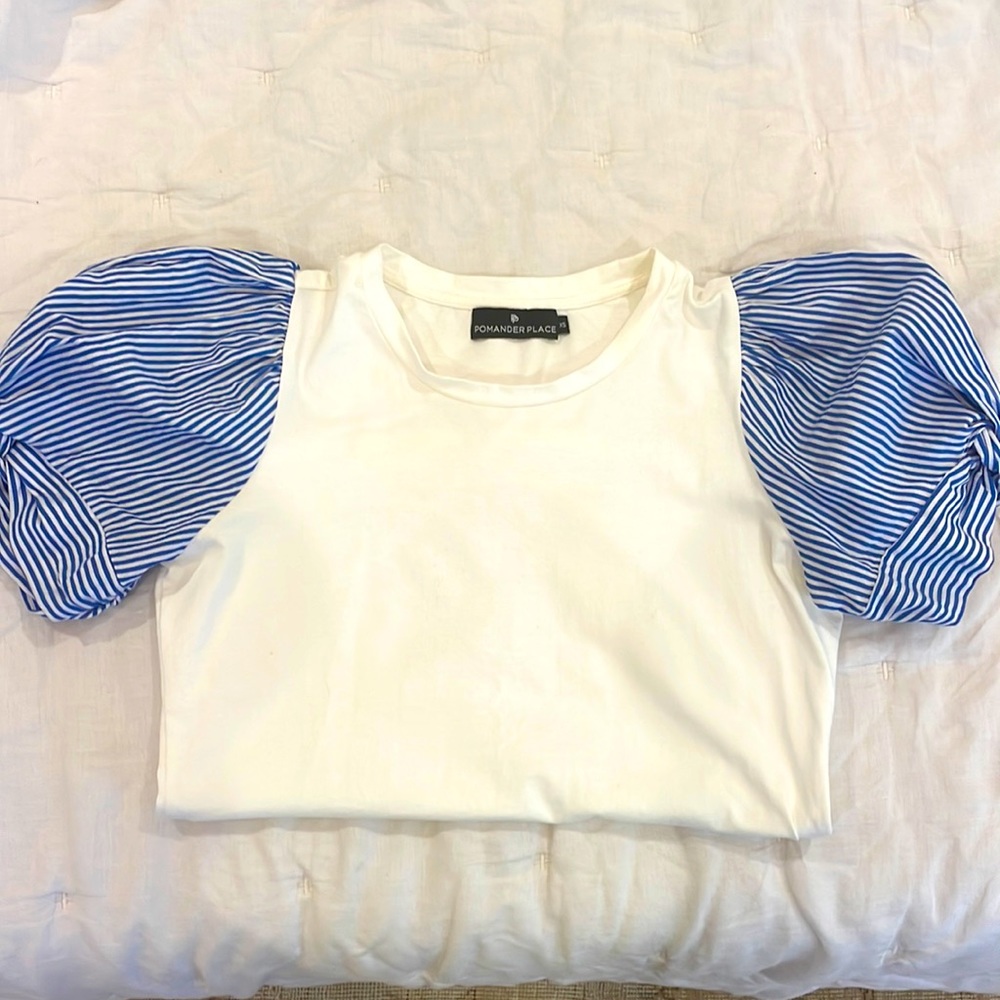 Pomander Place blue and white striped puff sleeve shirt
